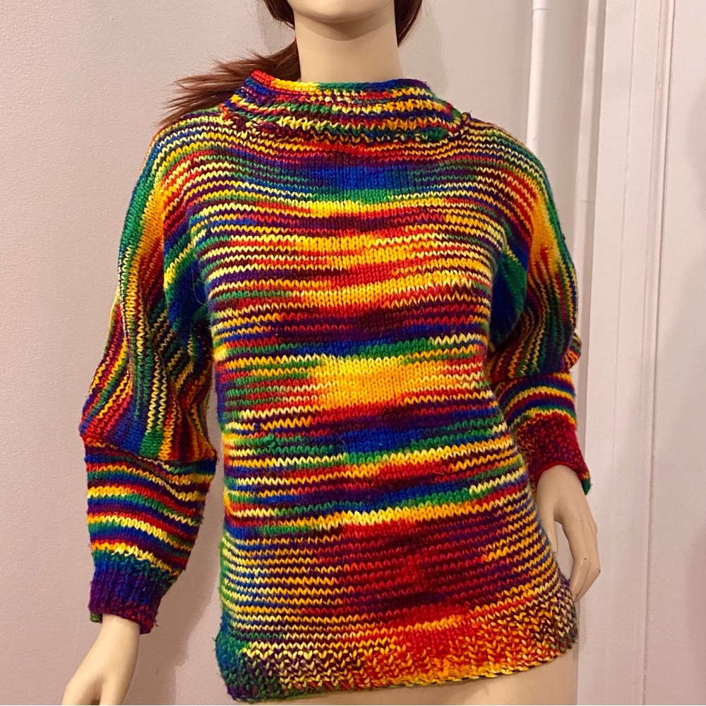 Vintage Handmade Rainbow Wool Blend Cowl Neck Sweater Size Small